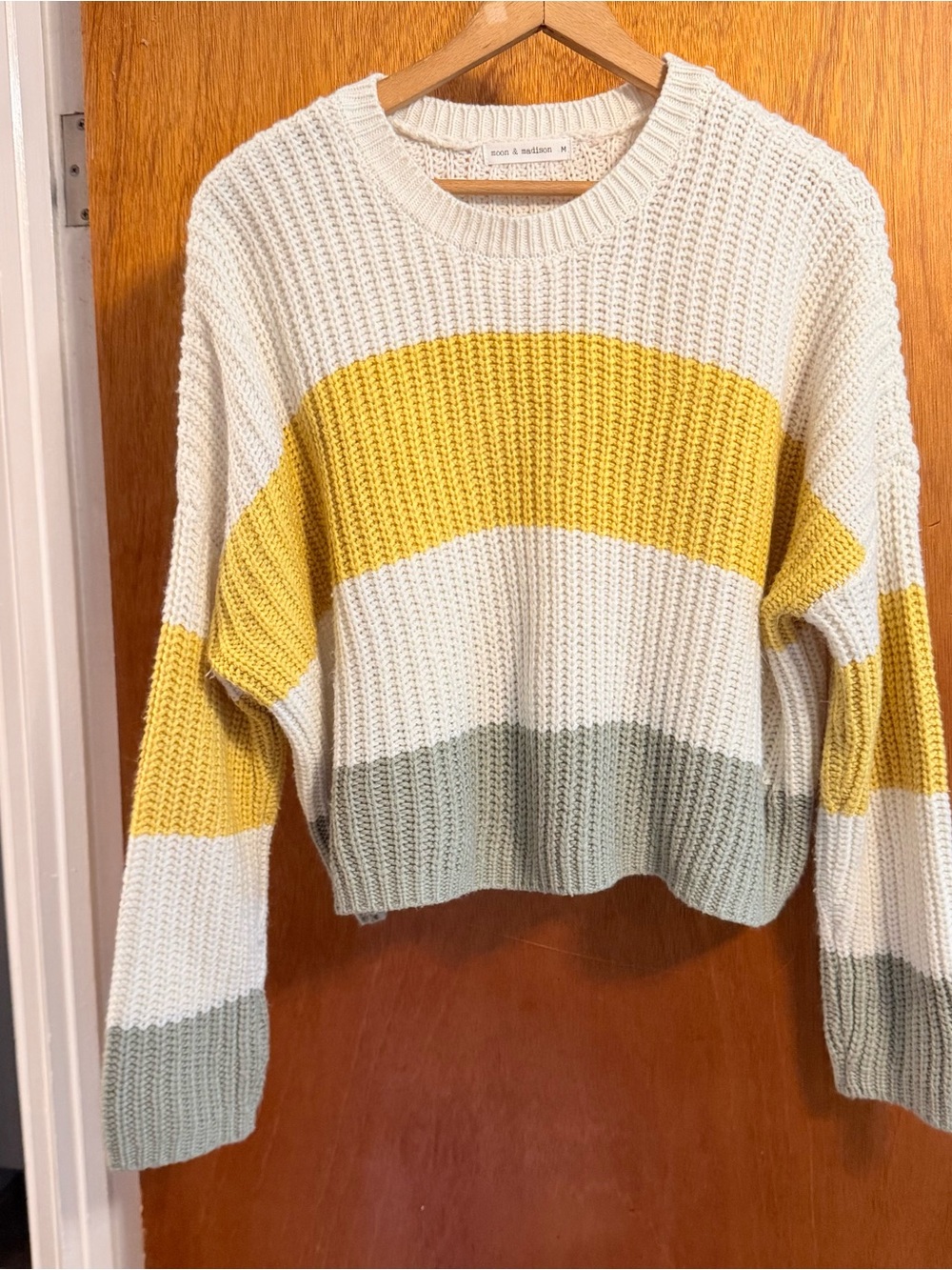 moon & madison Cream, Yellow & Sage Striped Crewneck Sweater